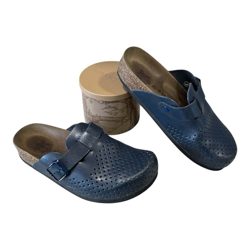 Grubin Women's Slip On Sandals EU-36/US-5.5 Blue Leather Closed Perforated Slide